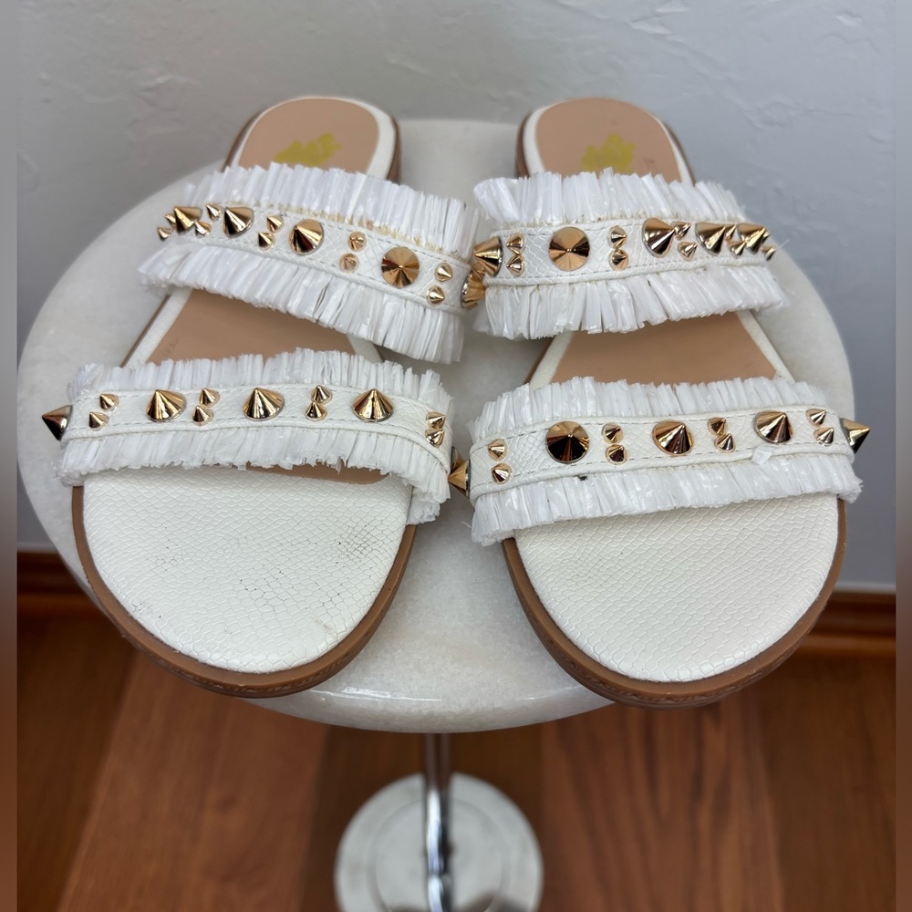 CAMEL THREADS White Gold Sandal Flats Shoes Raffia Gold Slip On 2 Strap Women 7 - Picture 3 of 8